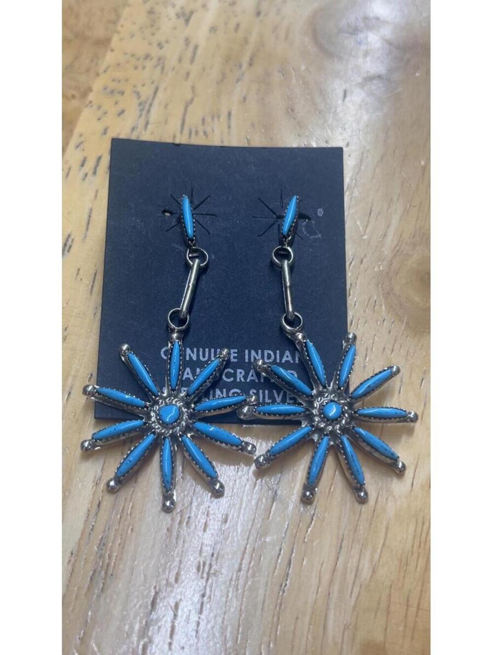 Zuni turquoise traditional cluster needlepoint earrings sterling silver